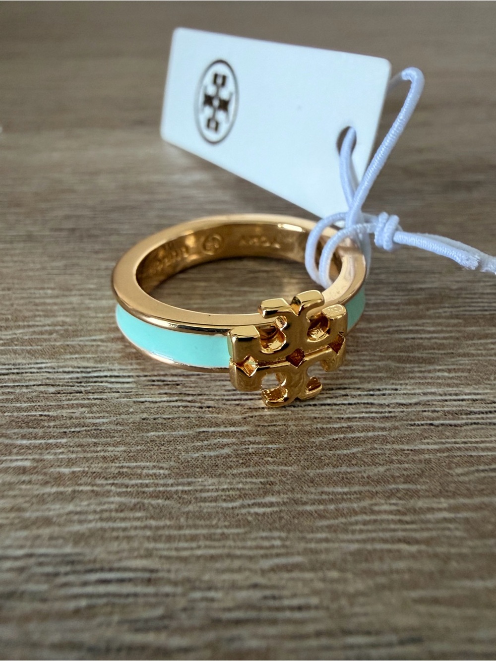 Tory Burch Mint Enamel Gold-Tone Double T Logo Ring Size 7